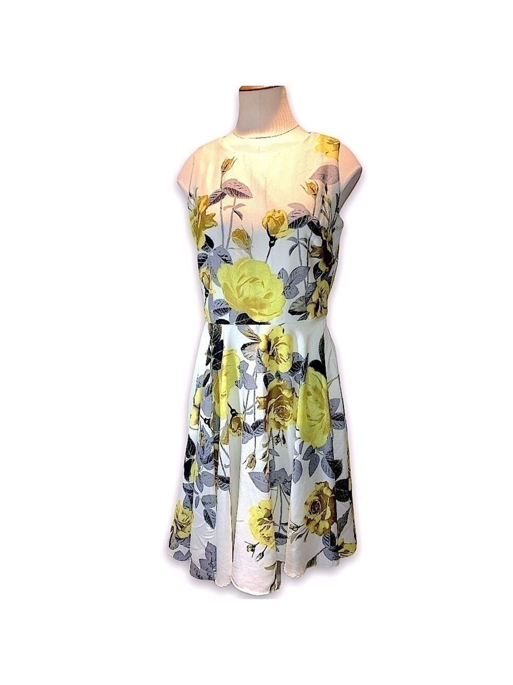 Gabby Skye Floral Swing Dress Off White Yellow Roses Retro 50's Style Gown